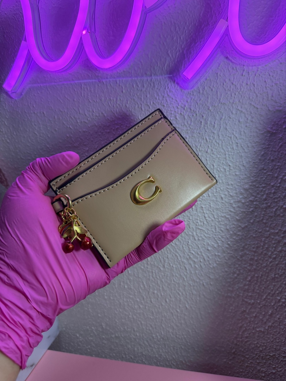 Others Follow Beige Card Holder Wallet with Gold 'C' Charm and Red Bead Accents